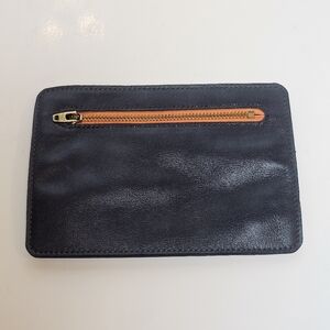 LILI T. Handmade Blue Leather Zip Wallet with Orange Pop (Front) Silver Pop Back